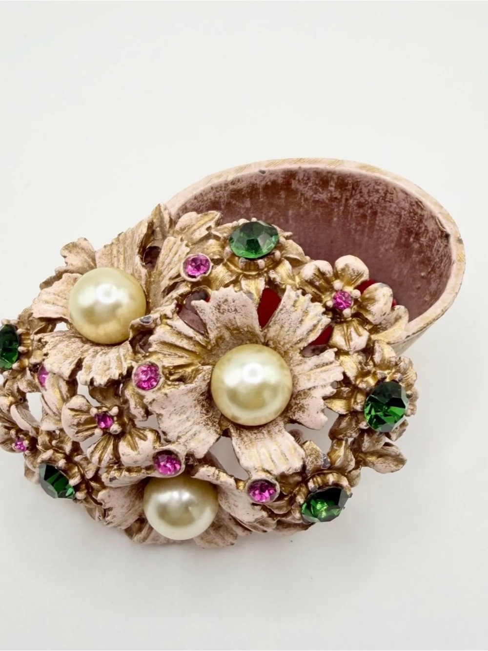 Vintage Signed Florenza Enamel & Rhinestone Floral Trinket / Pill Box
